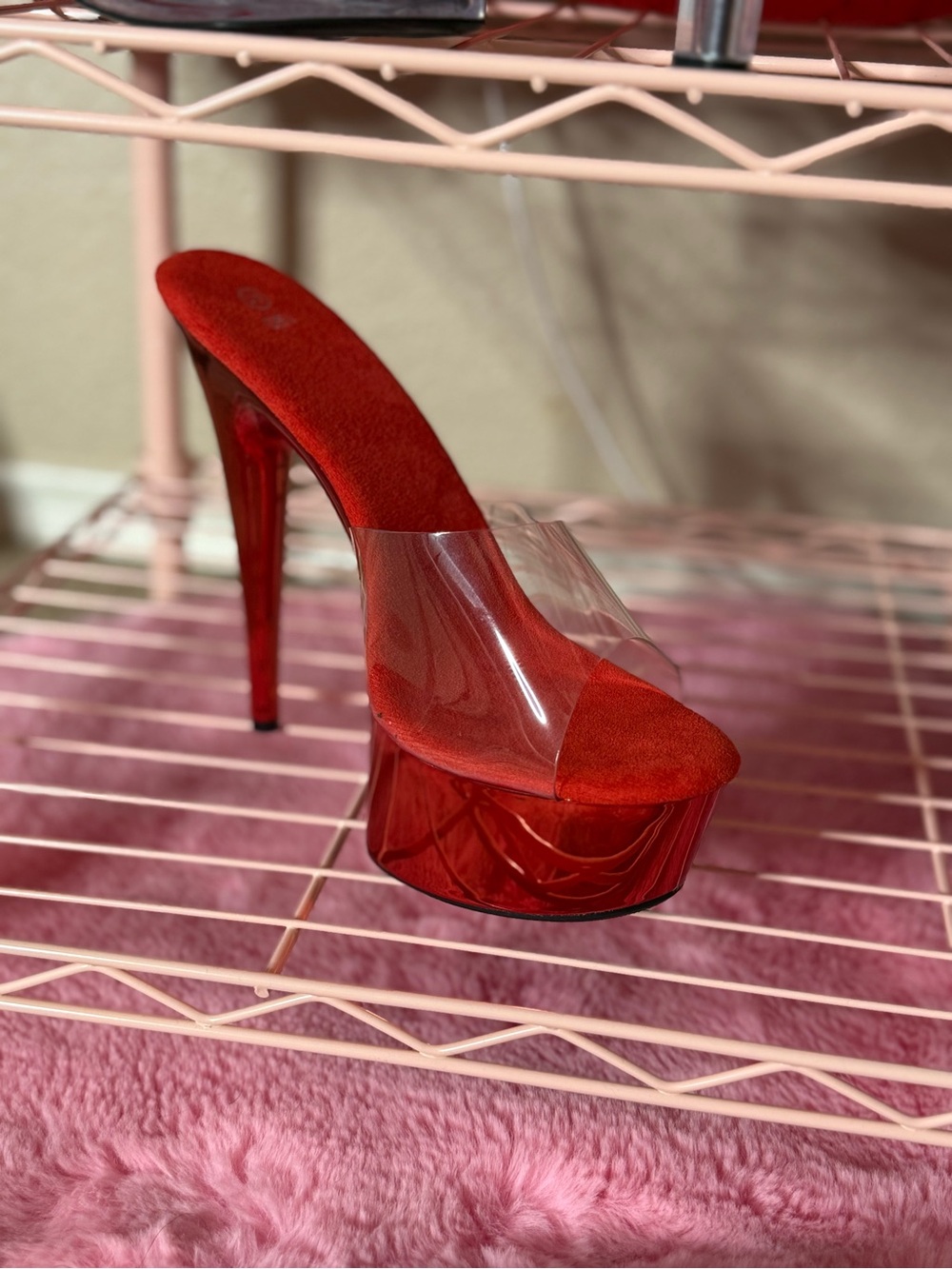 Red Clear Strap Platform Stiletto Mule